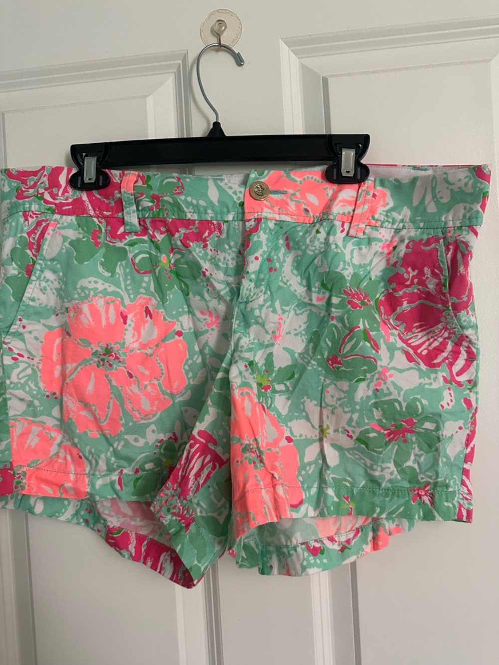 Lilly Pulitzer Mint Green Floral Cotton Bermuda Shorts with Pink Accents